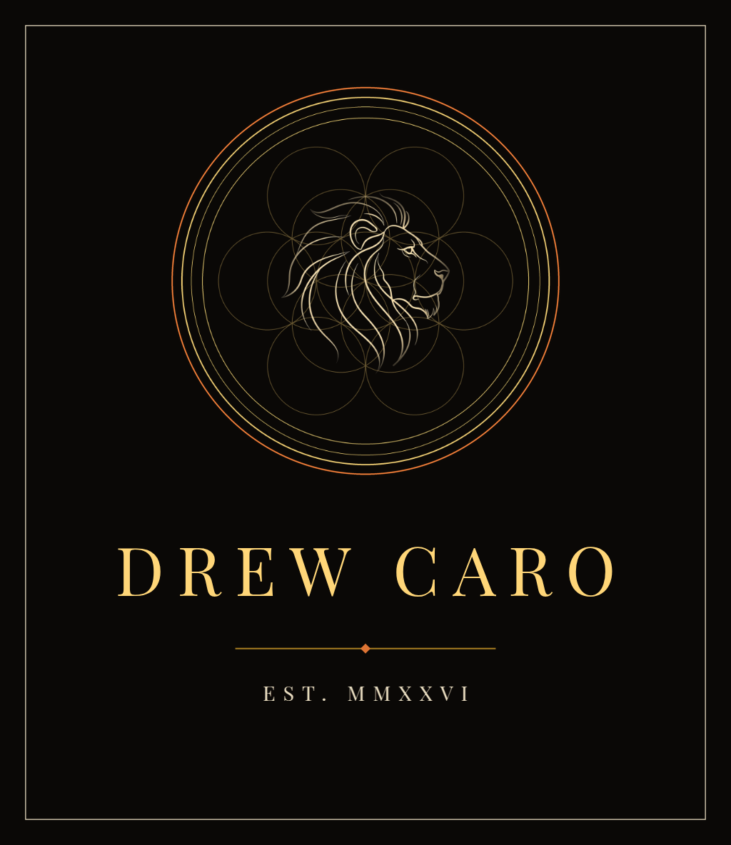 Drew Caro — Heritage Crest logo: a lion's head inside the Flower of Life, Drew Caro wordmark beneath
